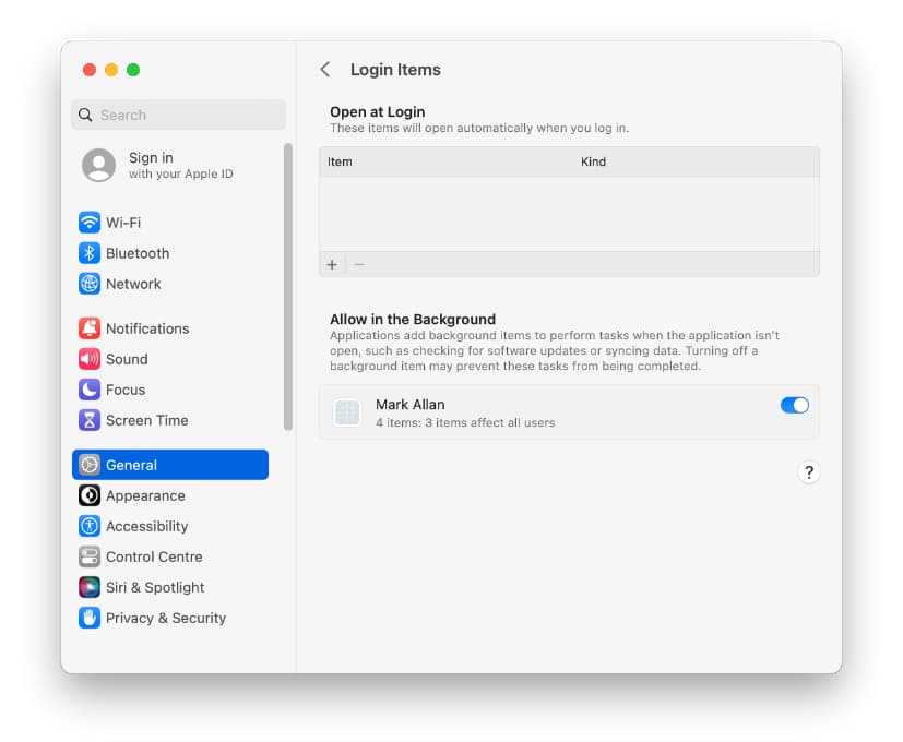 System Settings window showing the new login items panel